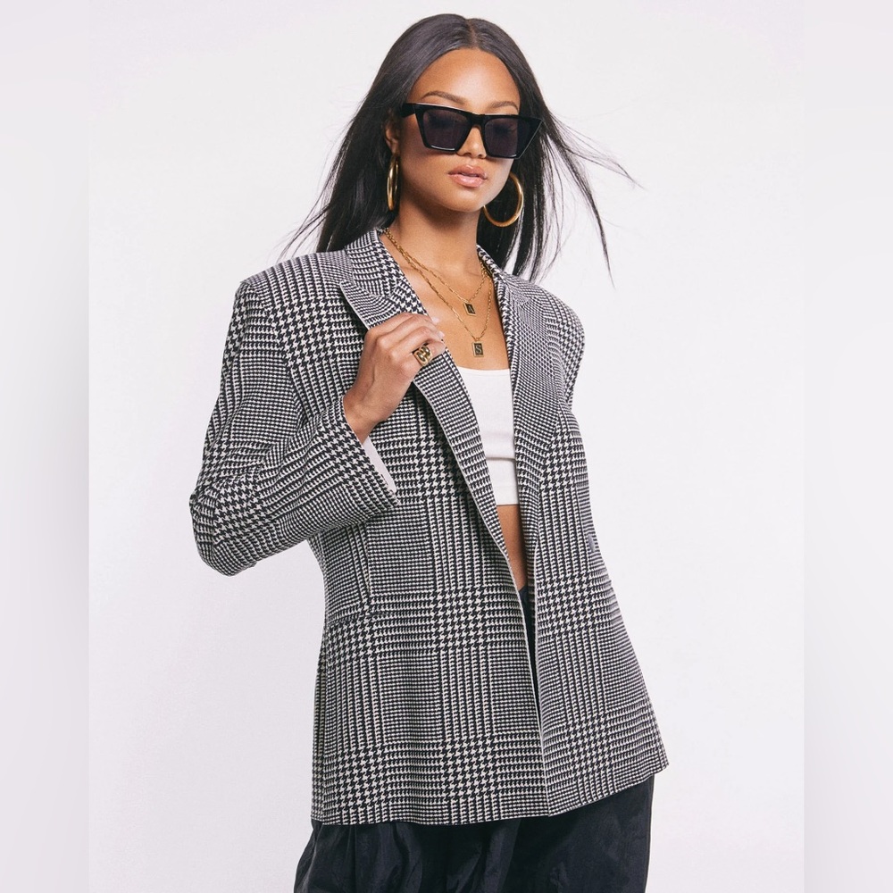 Norma Kamali Glen Check Grey/White Blazer SZ 12